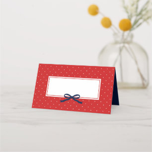 Chic Modern Red Polka Dot with Blue Ribbon Place Card