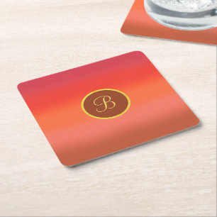 Chic modern red shades ombre golden monogram square paper coaster