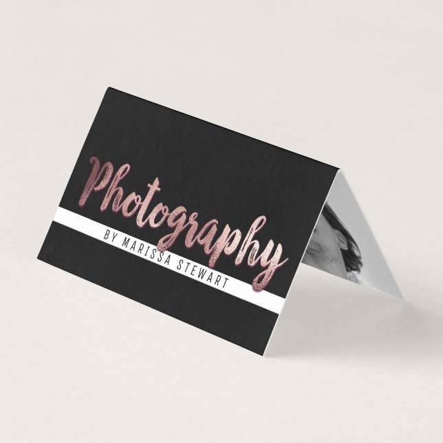 Chic Modern Rose Gold Brushstroke Photographer Business Card (Front)