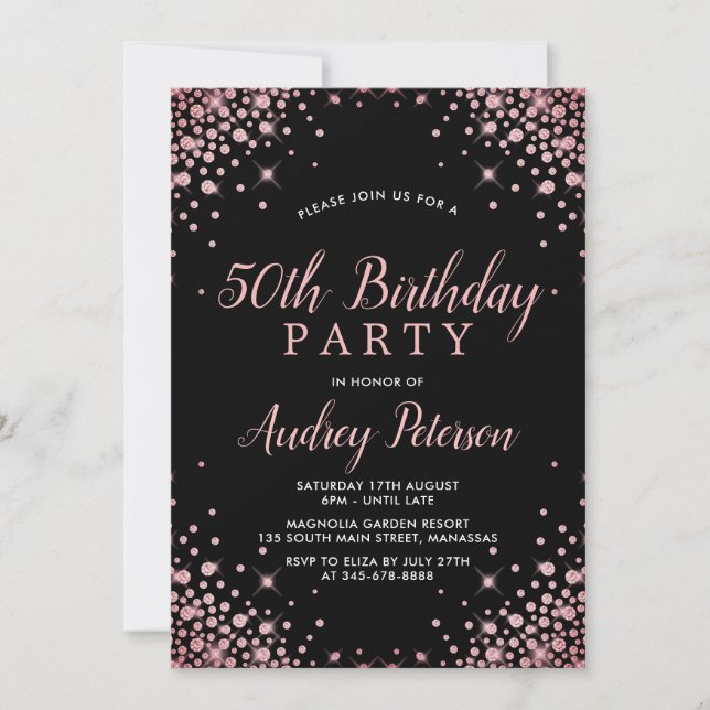 Chic Modern Rose Gold Glitter Black 50th Birthday  Invitation (Front)
