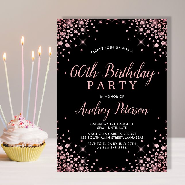 Chic Modern Rose Gold Glitter Black 60th Birthday  Invitation (Creator Uploaded)