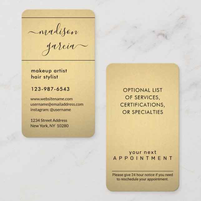 Chic Modern Script Black & Gold Faux Foil Vertical Appointment Card (Front/Back)