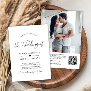 Chic Modern Script Heart QR Code Photo Wedding Invitation