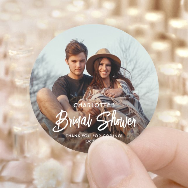 Chic Modern Script & Photo Bridal Shower Thank You Classic Round Sticker (Creator Uploaded)