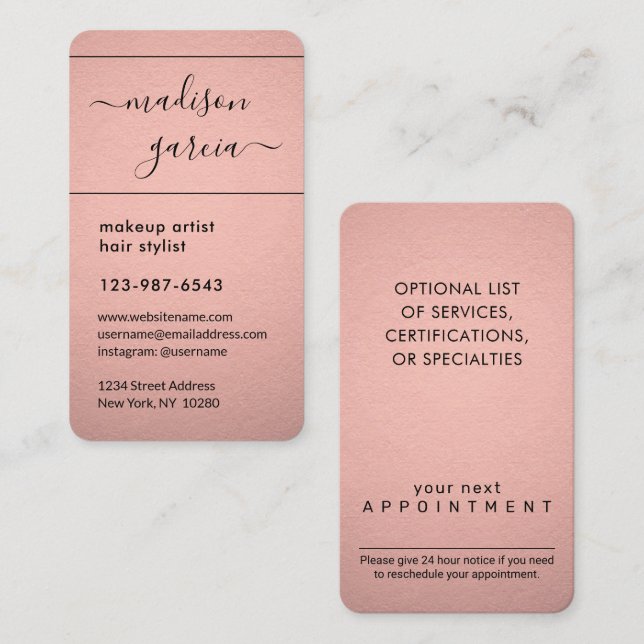 Chic Modern Script Rose Gold Faux Foil Vertical Appointment Card (Front/Back)