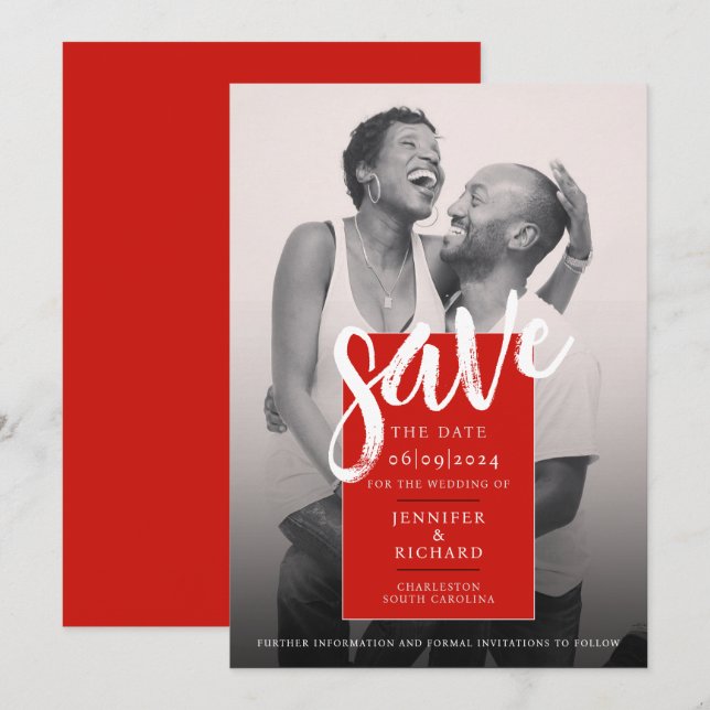 Chic Modern Simple Red And White Photo Wedding Save The Date (Front/Back)