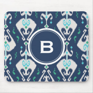 Chic modern teal navy blue ikat tribal pattern mouse pad