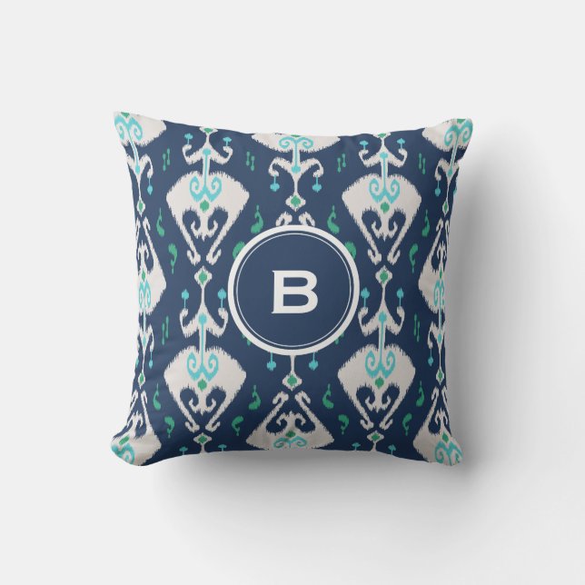 Chic modern teal navy blue ikat tribal pattern throw pillow (Front)