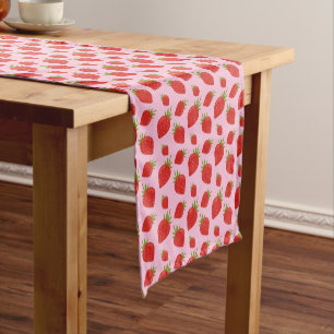 Chic Modern Trendy Pink Red Strawberry Pattern Short Table Runner