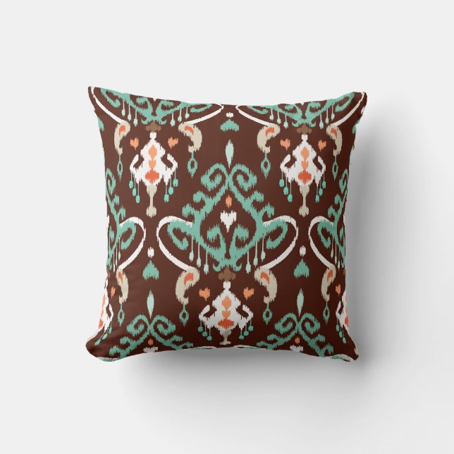 Chic modern turquoise brown ikat tribal pattern throw pillow (Front)