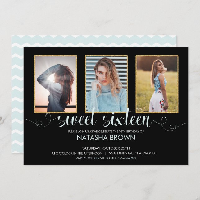 Chic Modern Typography Sweet 16 Birthday Photo Invitation (Front/Back)