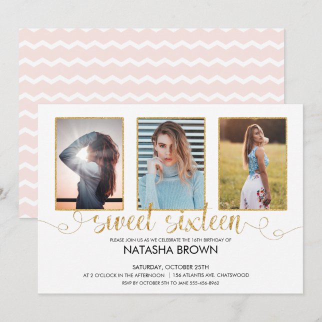Chic Modern Typography Sweet 16 Gold Party Photo Invitation (Front/Back)