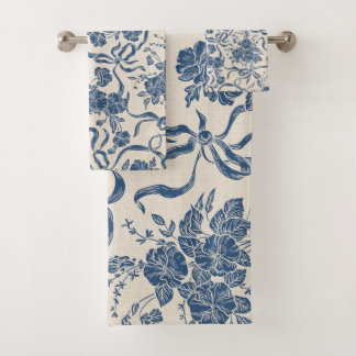 Chic Modern Vintage Ivory Navy Blue Floral Pattern Bath Towel Set