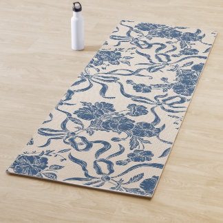 Chic Modern Vintage Ivory Navy Blue Floral Pattern Yoga Mat