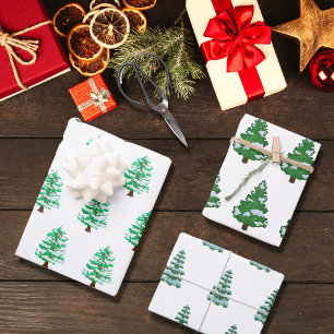 Chic Modern Watercolor Christmas Green Pine Tree  Wrapping Paper Sheet