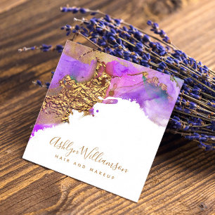 Chic, modern watercolor gold pink purple splatter square business card