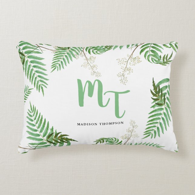 Chic Modern Watercolor Greenery Script Monogram  Accent Pillow (Front)