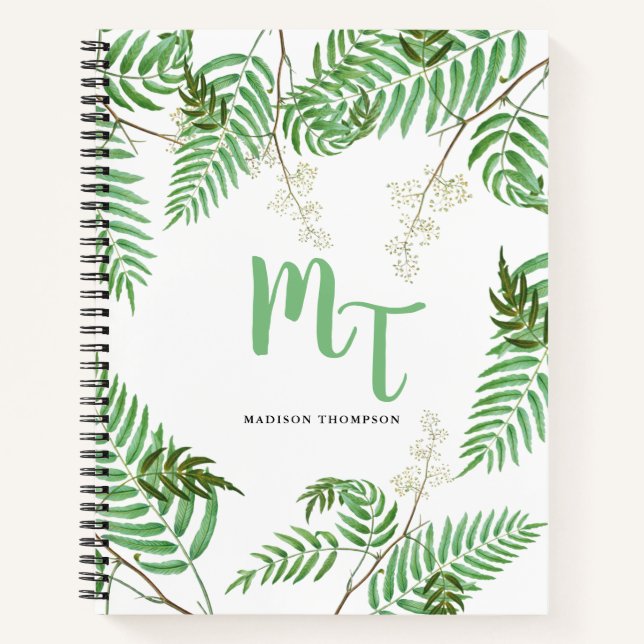 Chic Modern Watercolor Greenery Script Monogram Notebook (Front)