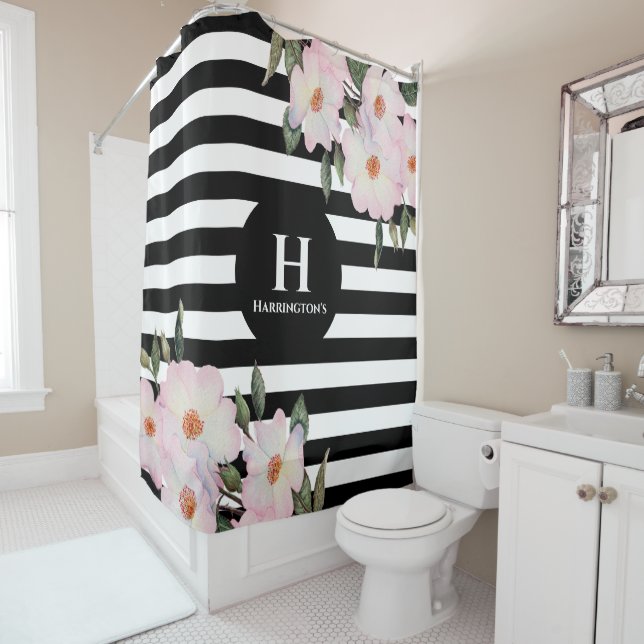 Chic Modern Watercolor Pink Roses Stripes Monogram (In Situ)