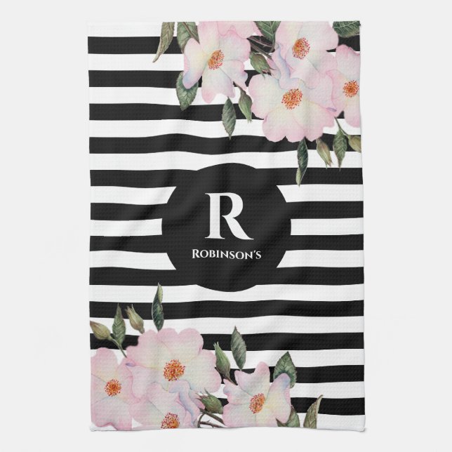 Chic Modern Watercolor Pink Roses Stripes Monogram Kitchen Towel (Vertical)