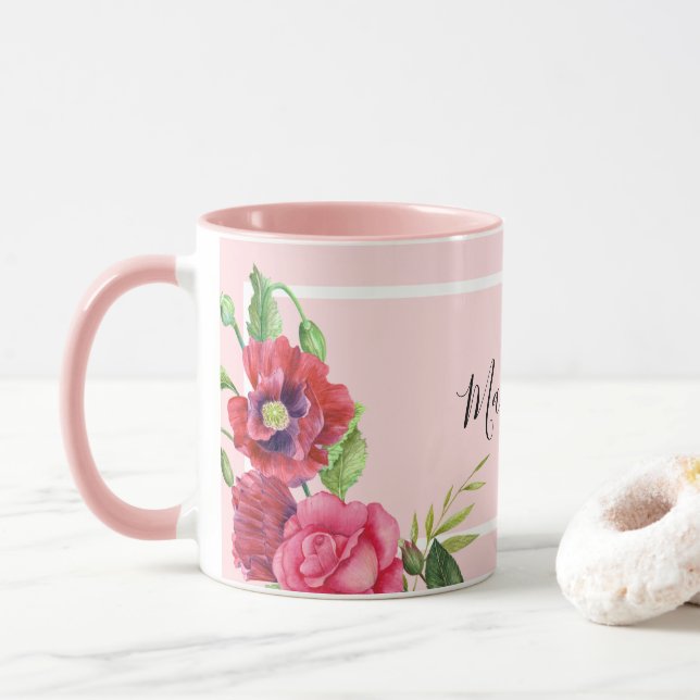 Chic Modern Watercolor Red and Pink Flowers Mug (With Donut)