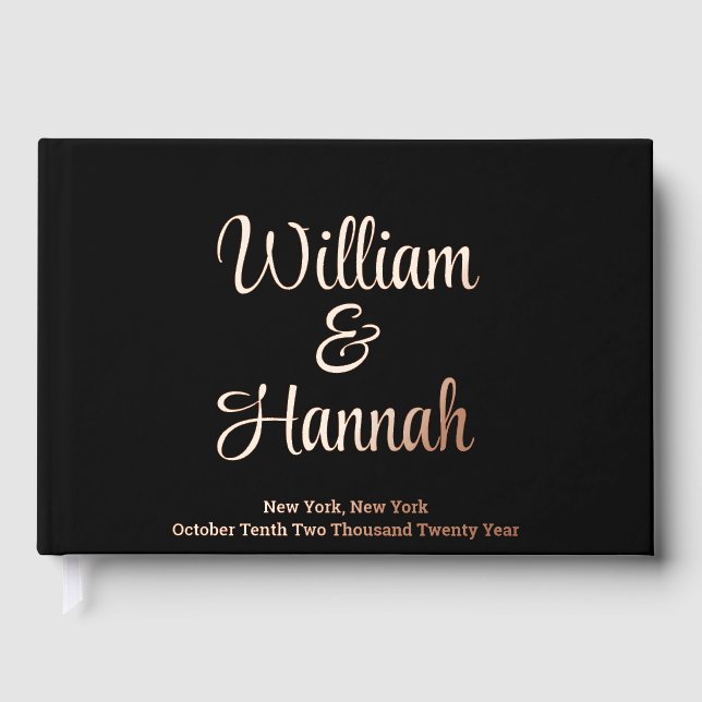 Chic Modern Wedding Black Rose Gold Foil Hardcover Guest Book (Front)