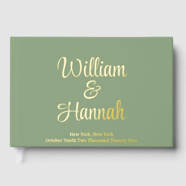 Chic Modern Wedding Sage Green Gold Foil Hardcover Guest Book (Front)