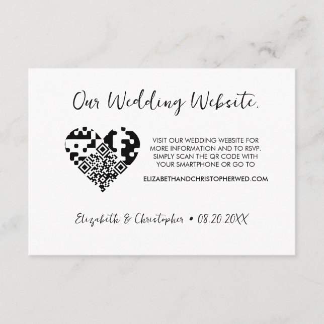 Chic Modern Wedding website heart QR code RSVP Enclosure Card (Front)
