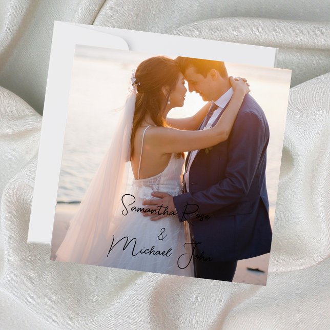 Chic Modern White & Black Typography Photo Wedding Thank You Card (Creator Uploaded)
