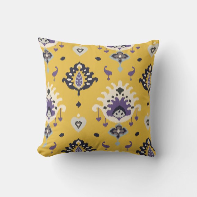 Chic modern yellow purple ikat tribal pattern throw pillow (Front)