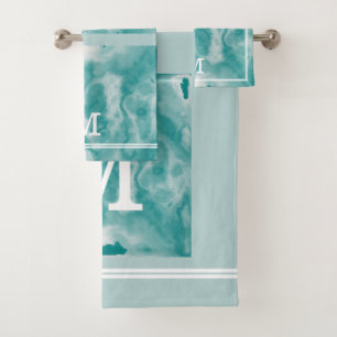 Chic Moderne Turquoise Et Bleu Dusty Marbre Monogr