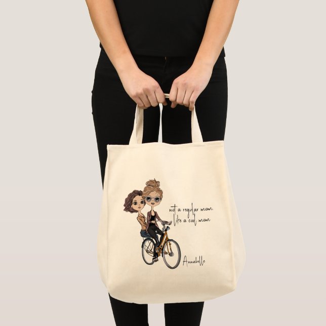 Chic Mom/Daughter on Bicycle Drawing ‘Cool Mom’  Tote Bag (Front (Product))