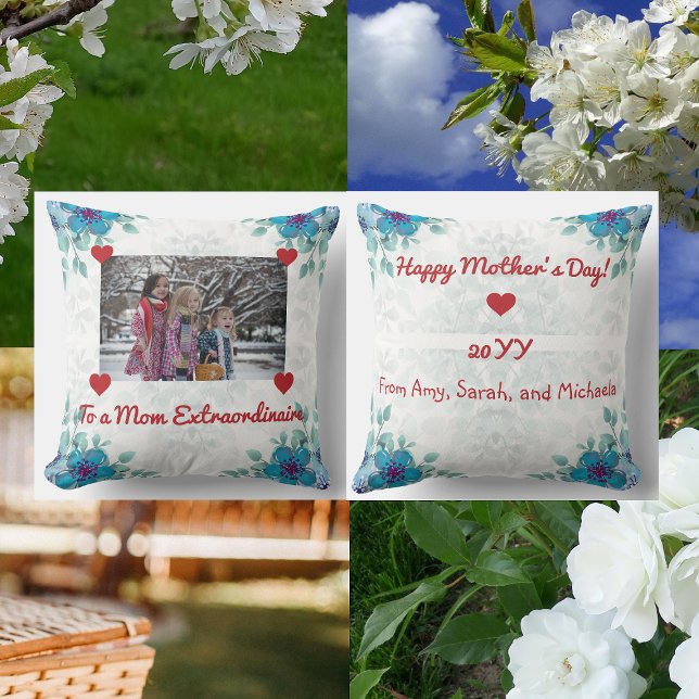 Chic Mom Extraordinaire Photo Heart Script Modern Throw Pillow (To a Mom Extraordinaire on Mother's Day, an elegant, modern personalized floral photo pillow)