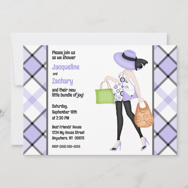 Chic Mom-to-Be Purple Plaid Baby Shower Invitation (Front)