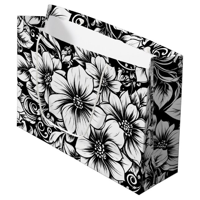 Chic Monochrome Floral Luxury Pattern (1) Large Gift Bag (Front Angled)