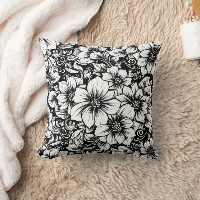 Chic Monochrome Floral Luxury Pattern (1) Throw Pillow (Blanket)