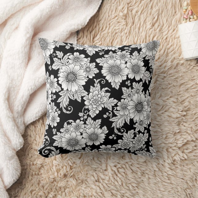 Chic Monochrome Floral Luxury Pattern (2) Throw Pillow (Blanket)