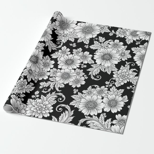 Chic Monochrome Floral Luxury Pattern (2) Wrapping Paper (Unrolled)