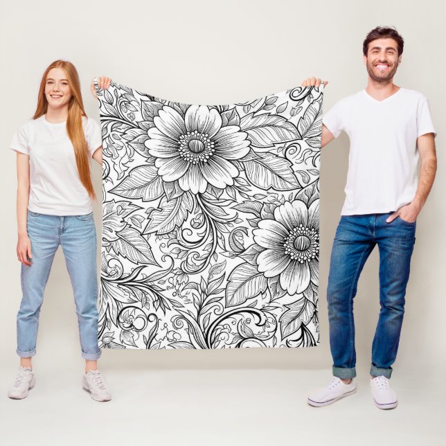 Chic Monochrome Floral Luxury Pattern (3) Fleece Blanket (In Situ)