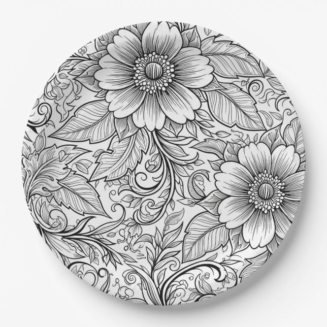 Chic Monochrome Floral Luxury Pattern (3) Paper Plate (Front)