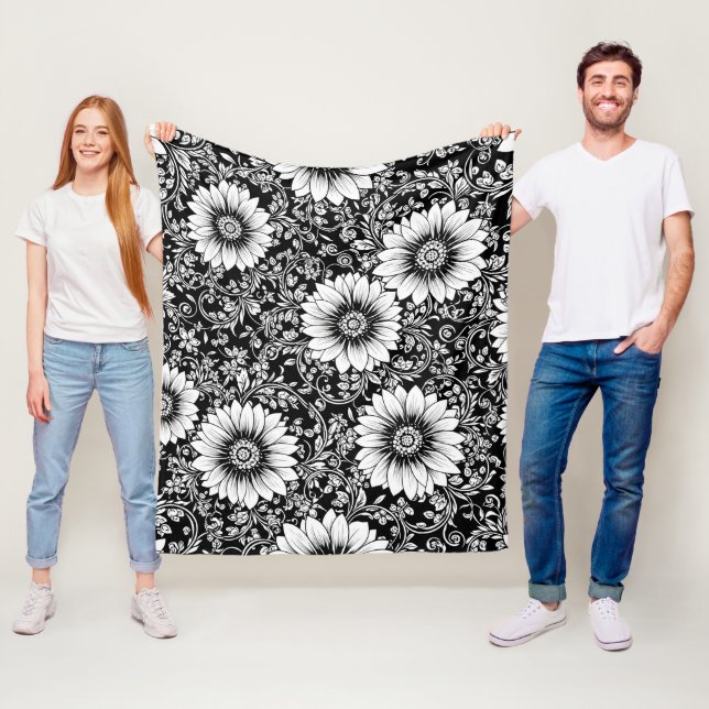 Chic Monochrome Floral Luxury Pattern (5) Fleece Blanket (In Situ)