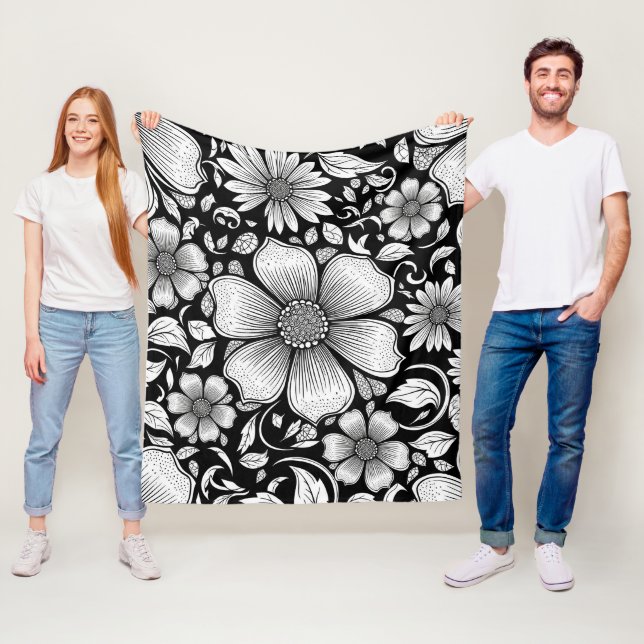 Chic Monochrome Floral Luxury Pattern (6) Fleece Blanket (In Situ)