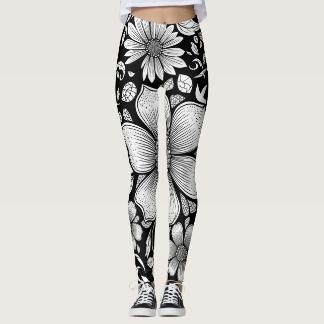 Chic Monochrome Floral Luxury Pattern (6) Leggings (Front)