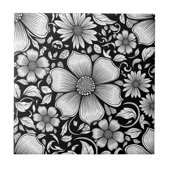 Chic Monochrome Floral Luxury Pattern (6) Tile (Front)