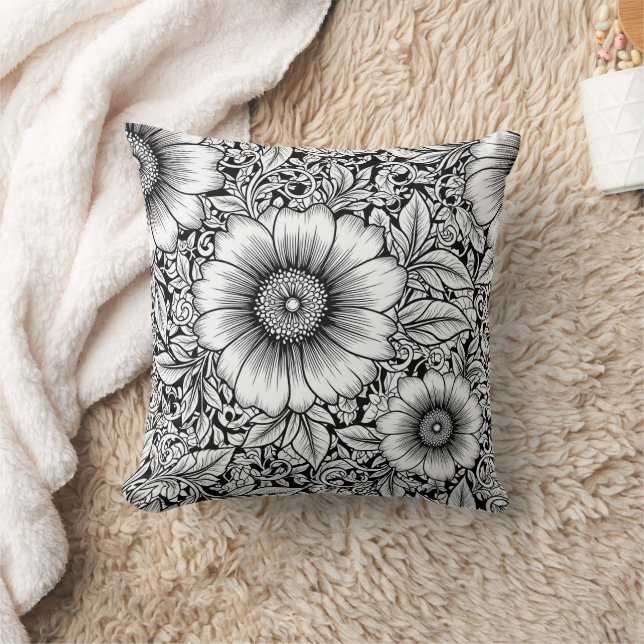 Chic Monochrome Floral Luxury Pattern (7) Throw Pillow (Blanket)