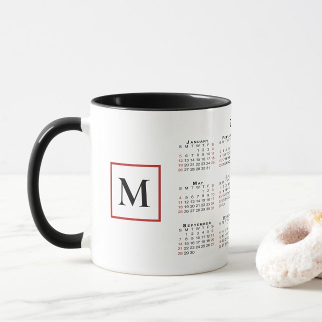 Chic Monogram 2025 Calendar Black White Red Mug (With Donut)