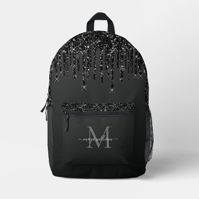  Chic Monogram Black Glitter Drips  Printed Backpack (Front)