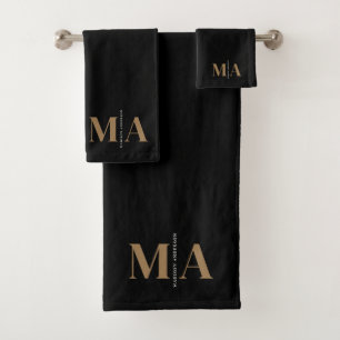 Chic Monogram Black Gold Name Bath Towel Set