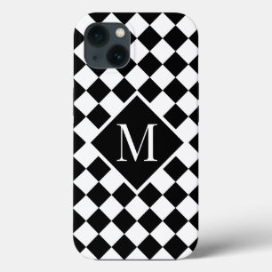 Chic Monogram Black White Chequered Pattern iPhone 13 Case