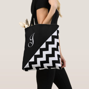 Chic Monogram Black White Geometric Zigzag Pattern Tote Bag